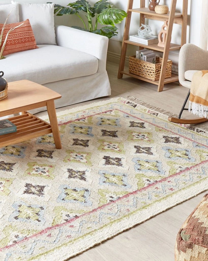 Tappeto in iuta beige multicolore 140 x 200 cm fatto a mano con nappe soggiorno camera da letto