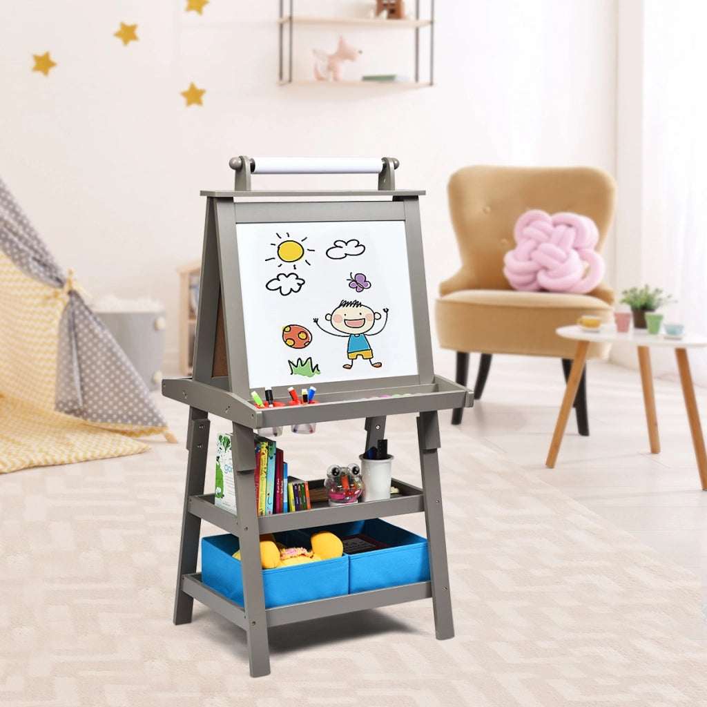 Cavalletto double face 3 in 1per bambini, Treppiede con lavagna bianca e nera e rotolo di carta Grigio-Cavalletti e lavagne bambini