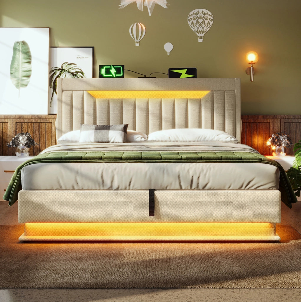 Letto contenitore imbottito ULEVR 160x200 cm con sollevamento idraulico, LED, USB e Type-C, materasso incluso, beige