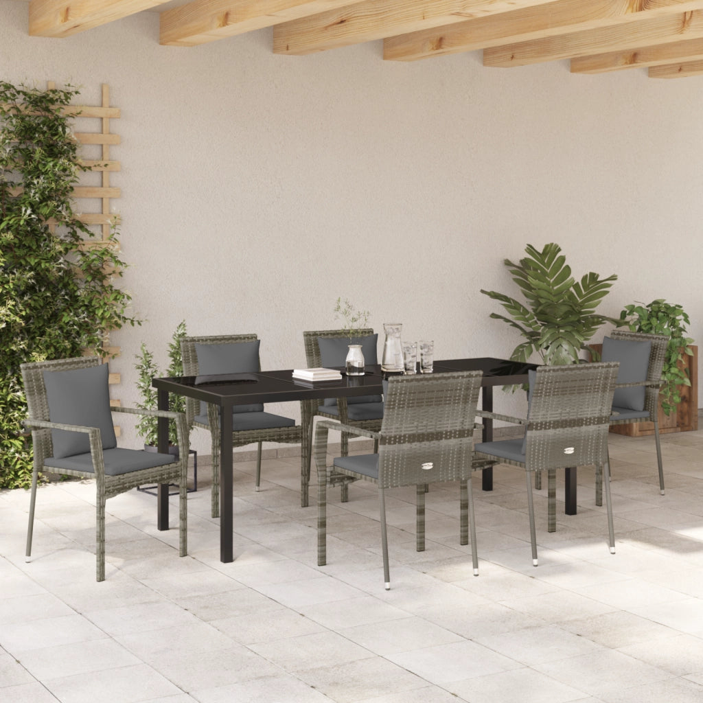 Set da Pranzo da Giardino 7 Pezzi con Cuscini Grigio Rattan Polimerico