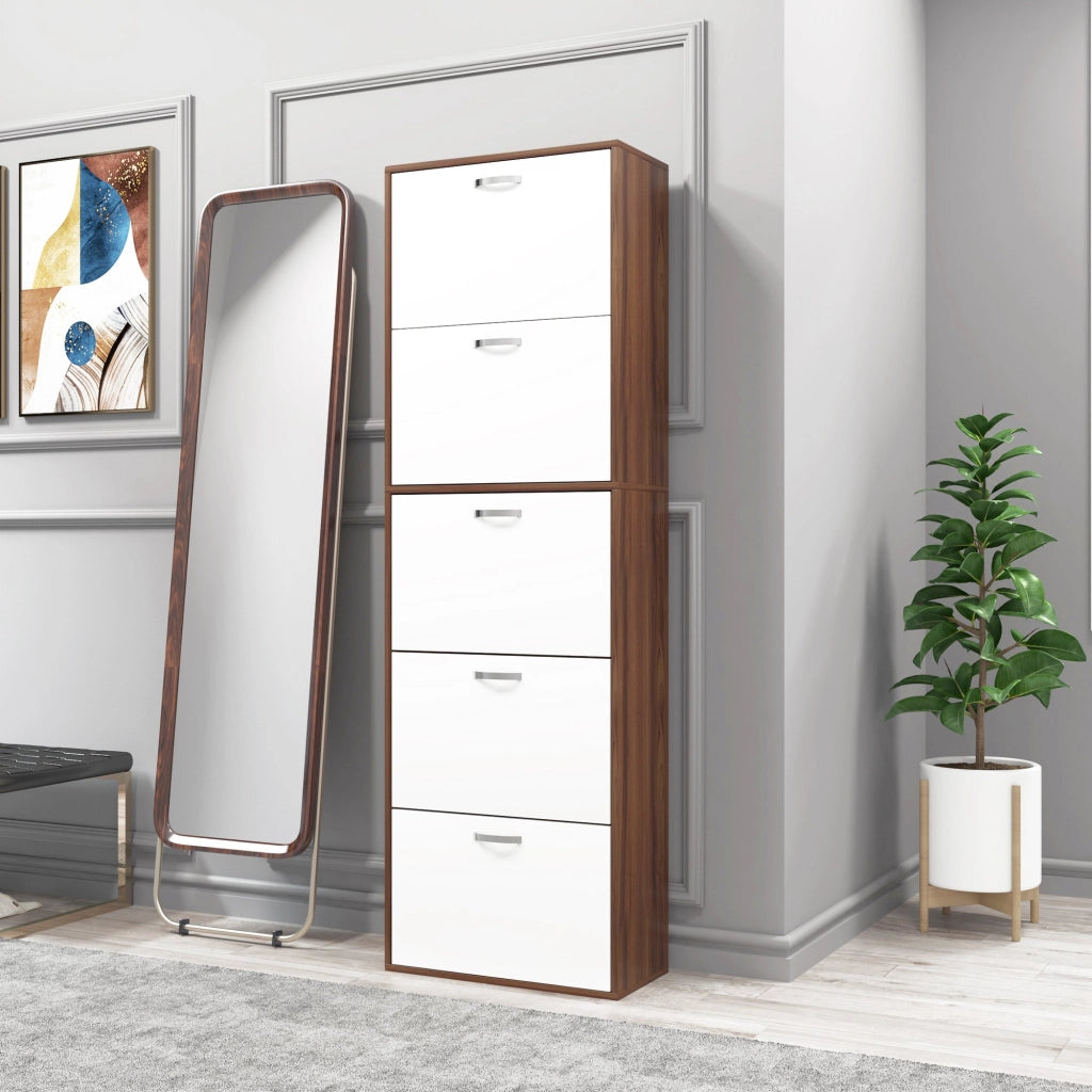 Easycomfort Scarpiera Slim a 5 Livelli con 2 Ripiani per Livello, in MDF, 60x28x189 cm, Bianco e Marrone