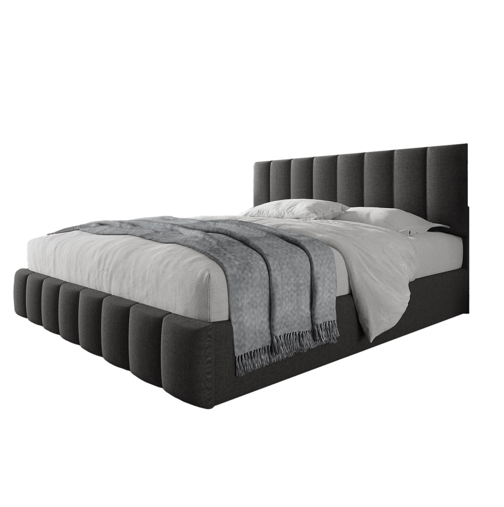 Letto matrimoniale 140x200 cm con contenitore; testiera regolabile; in lino grigio; con materasso