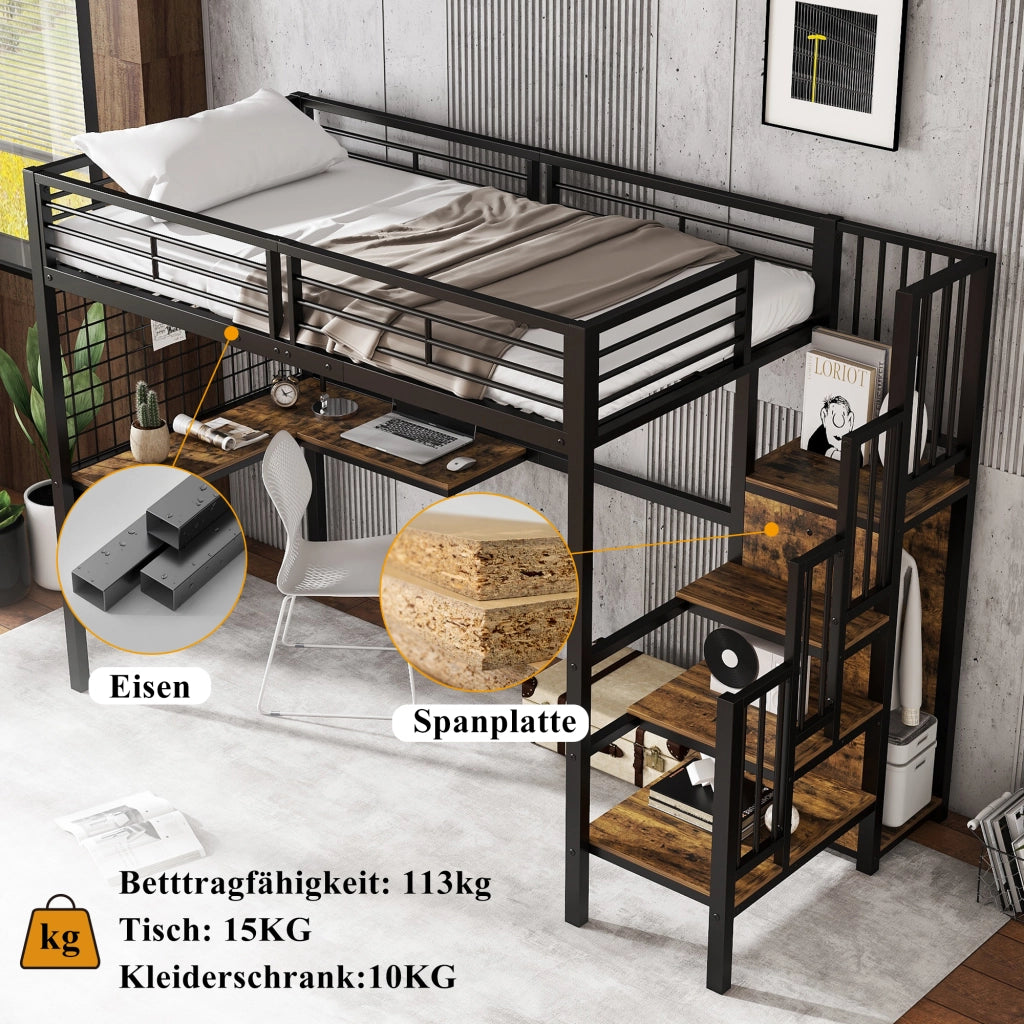 Letto a castello funzionale in ferro e MDF nero e noce scuro 90x200 cm