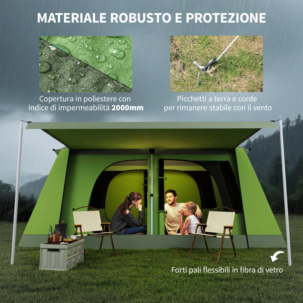 Tenda da Campeggio-Tenda per Escursionismo a Tunnel per 4-8 Persone con 2 Stanzecon Porta,405x305x225cm,Verde