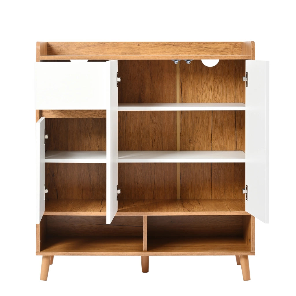 Credenza moderna con ripiani regolabili, ante senza maniglia e gambe in legno massiccio, Bianco/Naturale, L90 x P35 x H99 cm