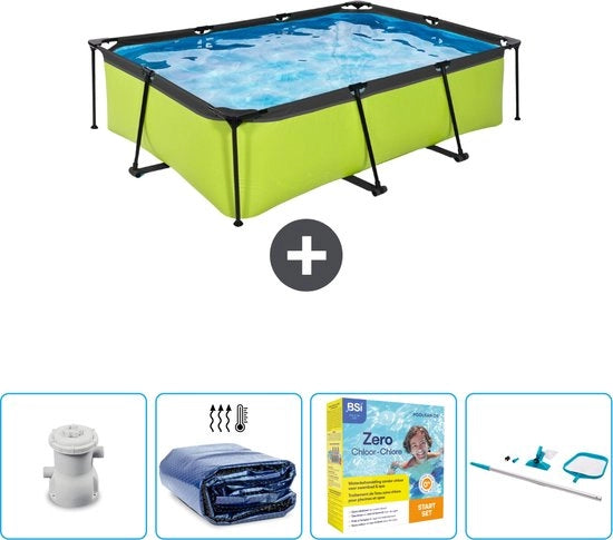 Piscina a forma rettangolare con cornice lime - 220 x 150 x 65 cm - Inclusa pompa, telo solare, kit di manutenzione, set di pulizia