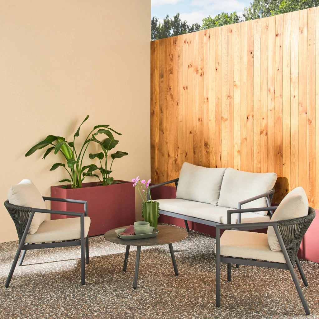 Salotto da giardino in alluminio e corde, 4 posti, grigio