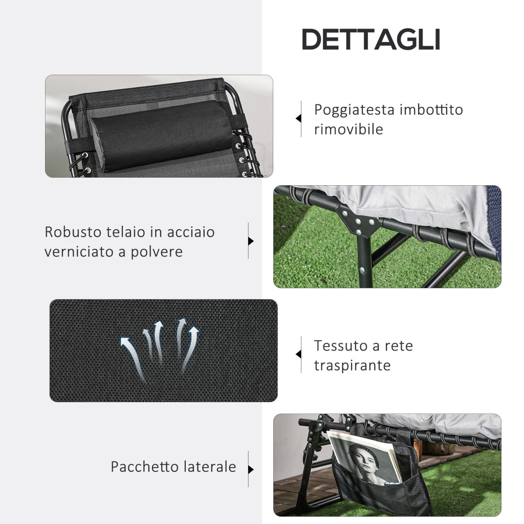 Lettino Prendisole Pieghevole con Cuscino, Poggiatesta e Tasca Laterale, 58x189x32.5 cm, Grigio Chiaro