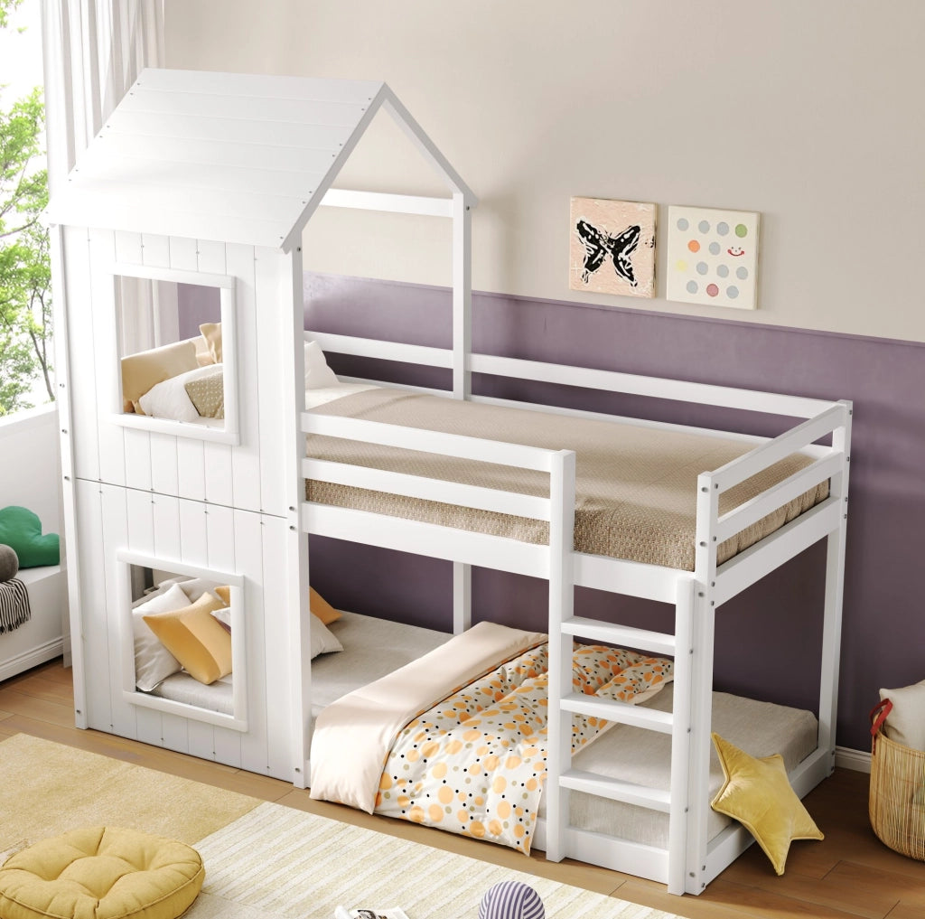 Letto a castello per bambini 90x200 cm in legno di pino bianco con sponde di sicurezza