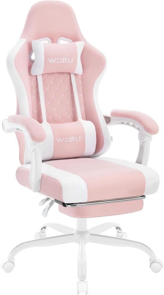 Sedia Gaming con Massaggio, Poltrona Ufficio Ergonomica, Ampia Sedia Girevole Imbottita per Computer con Cuscino Lombare Massaggiante, Carico 150 Kg, Tessuto a rete Rosa+Bianco