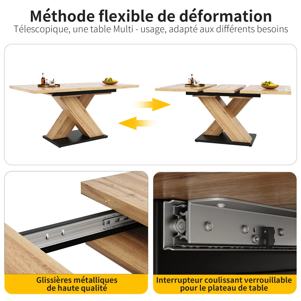 Tavolo allungabile in MDF con piano estensibile e gambe incrociate per cucina e soggiorno, colore legno naturale