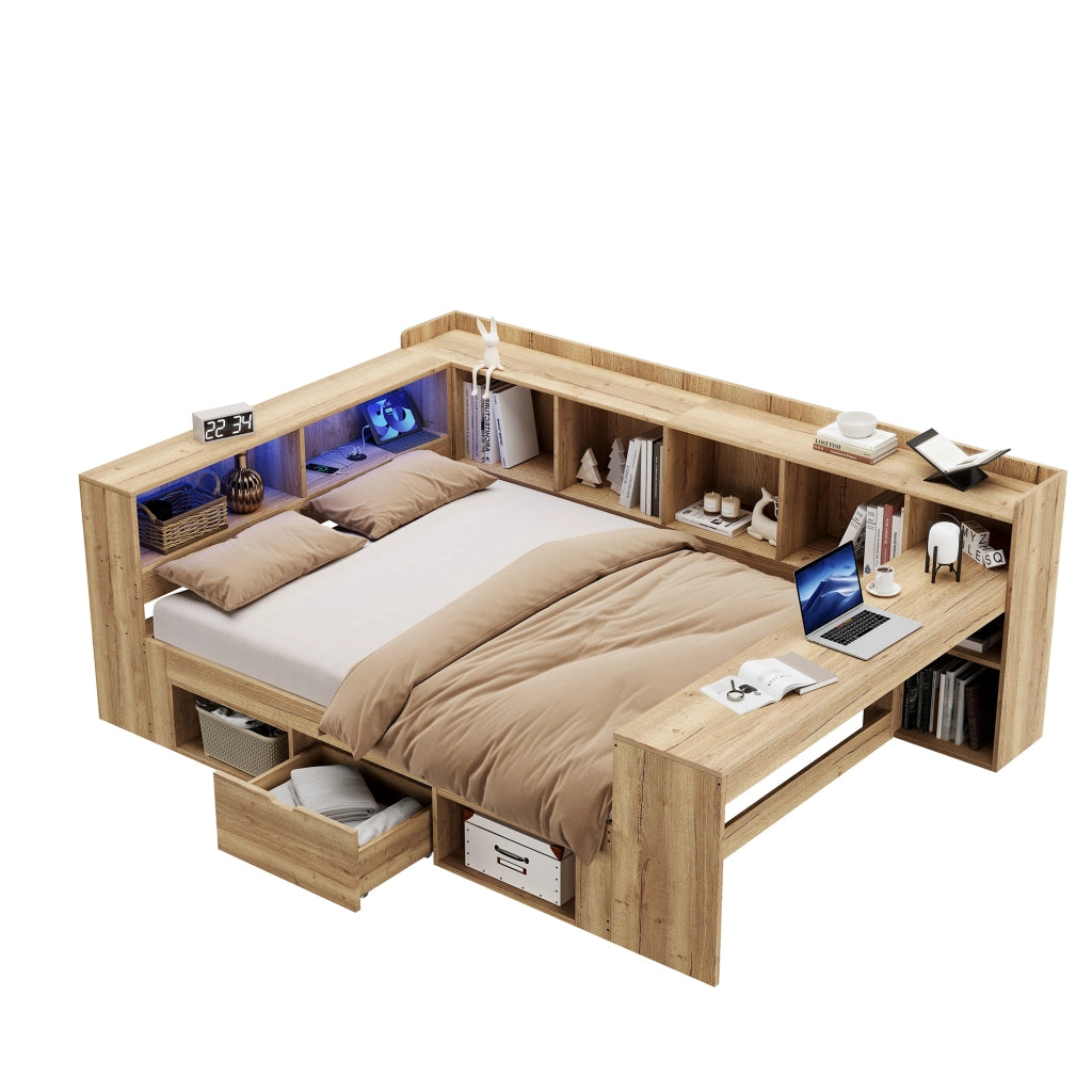 Letto Singolo Contenitore in Legno con LED, Cassetti e Scrivania ¨C MINIMAL ¨C 140x200