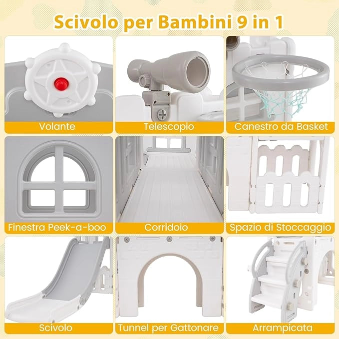 Scivolo per Bambini 9 in 1, Set da Gioco con Canestro da Basket, Telescopio, Volante, Corridoio, Tunnel e Spazio di Archiviazione, Scivolo da Interno ed Esterno per 1+ Anni (Grigio+Bianco)