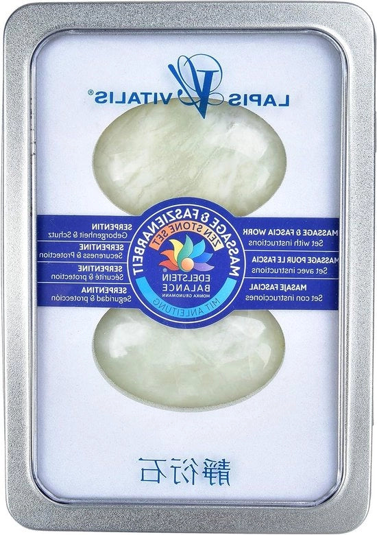 Pietra di serpentina per massaggi - benessere e lavoro sulla fascia - 6 x 4 x 2 cm - scatola in metallo lussuosa - guida di avvio rapido