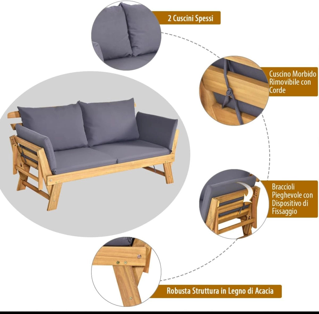 Divano Esterno a 2 Posti, in Legno di Acacia, Lettino Giardino con Braccioli Regolabili, Sdraio da Giardino con Cuscini, Chaise Longue per Giardino, Piscina, Cortile (Grigio)