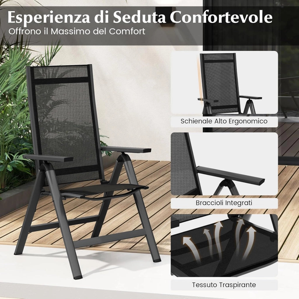 Sedie Pieghevoli da Patio, Sedie in Metallo con Schienale Regolabile su 7 Posizioni, Braccioli, Sedie Reclinabili Portatili per Giardino, Veranda, Piscina, 72,5 x 58 x 107 cm (2)