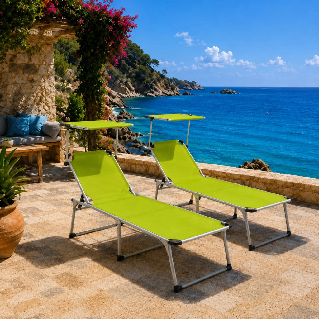 Set 2 Lettini Da Sole Richiudibili Con Tettuccio Ombreggiante Schienale Reclinabile A 6 Regolazioni Struttura Leggera In Alluminio Ideali Per Mare Spiaggia Giardino Piscina 187 x 59 x 29 Cm Verde Fluo