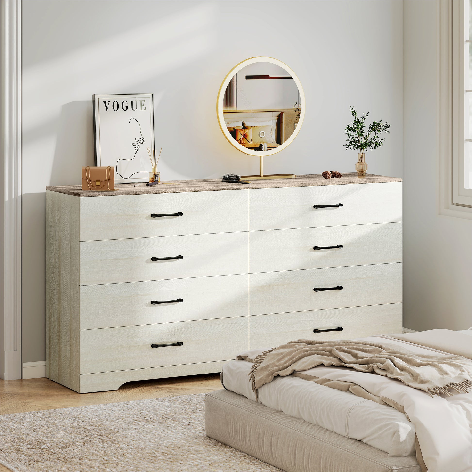 Cassettiera 8 Cassetti Moderna 140x40x86 cm in Legno Noce e Grigio Chiaro