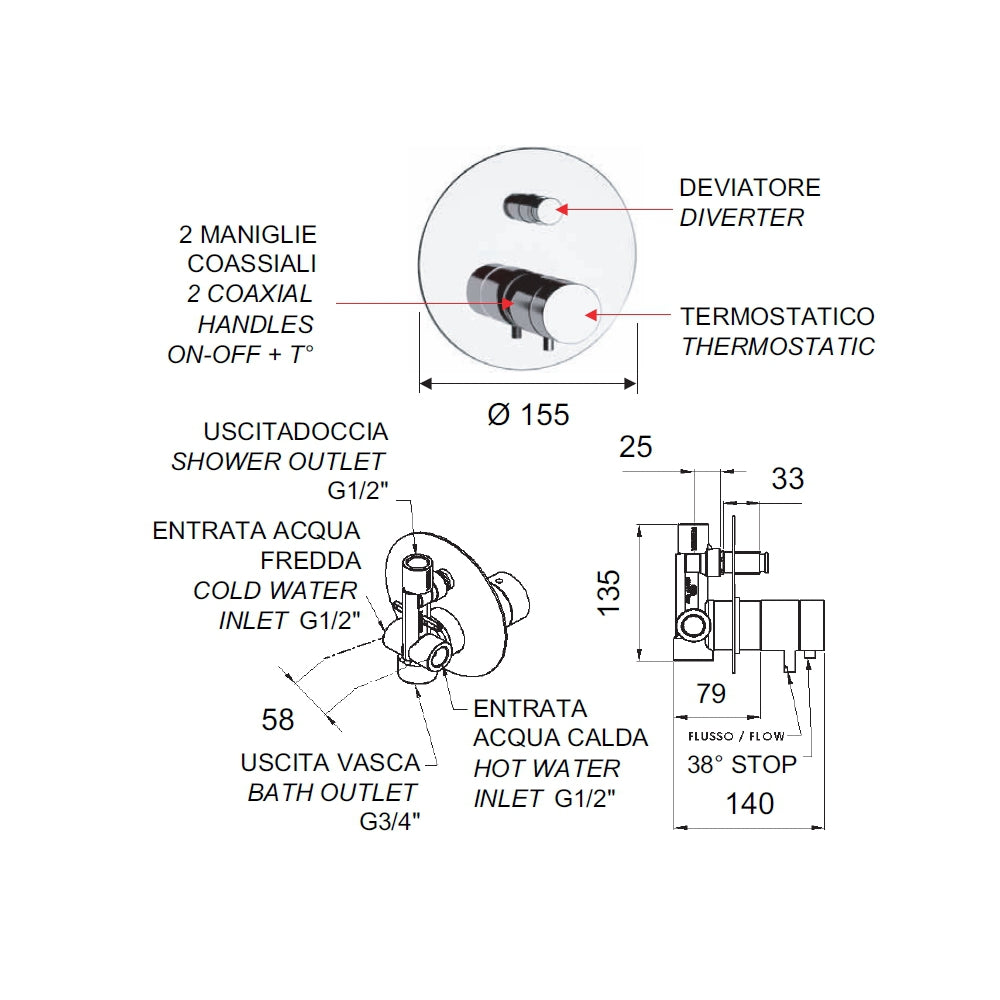 Rubinetto termostatico da incasso con deviatore per vasca-doccia - serie minimal thermo