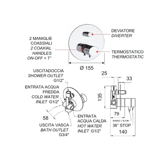 Rubinetto termostatico da incasso con deviatore per vasca-doccia - serie minimal thermo