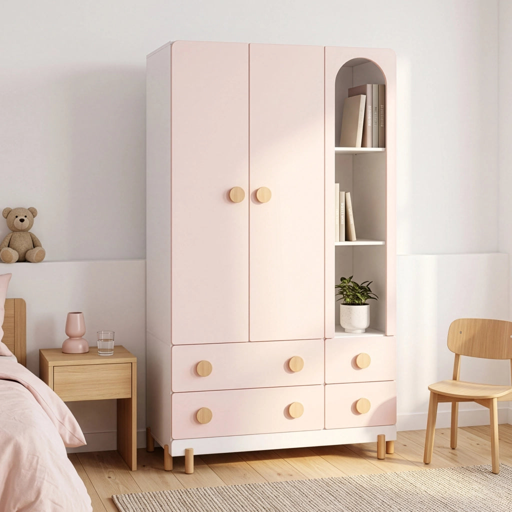 Armadio per Cameretta Vaarentaa a 2 Ante con 4 Cassetti e 3 Vani Aperti 156x90x41 cm - Bianco/Rosa [en.casa]