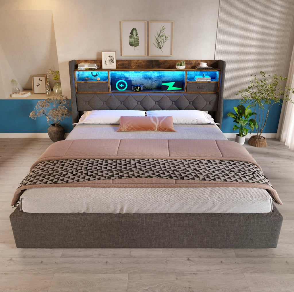 Letto imbottito 140x200 cm grigio con materasso, LED, ricarica USB/Type-C e contenitore