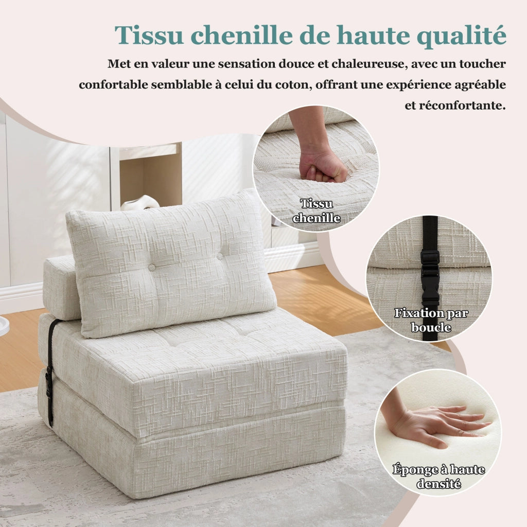 Divano Letto Pieghevole con Schienale e Cuscini per Testa e Lombare; in Ciniglia Beige; 79 × 79 × 57 cm