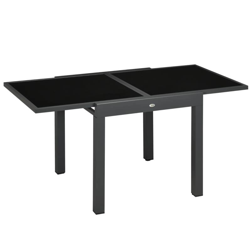 TAVOLO DA PRANZO ALLUNGABILE DA GIARDINO CON PIANO IN VETRO E ALLUMINIO 80-160X80X75 CM NERO
