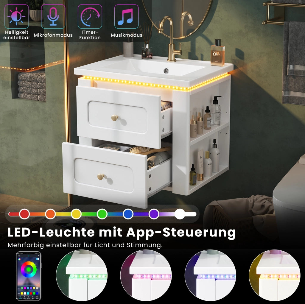 Mobile bagno sospeso da 61 cm con LED; 2 cassetti e lavabo in ceramica