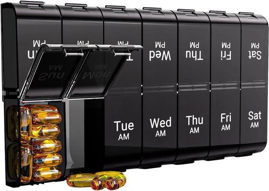 Organizzatore di Medicinali a 7 Giorni - Due volte al Giorno - Scatola Settimanale di Medicinali - 2 volte al Giorno - Organizzatore di Vitamine e Medicinali - Nero