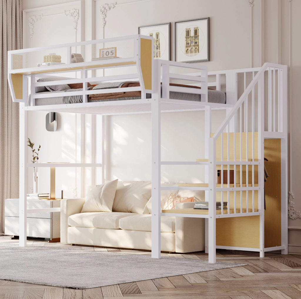 Letto a soppalco 90x200 cm in metallo e MDF con scala di sicurezza; bianco