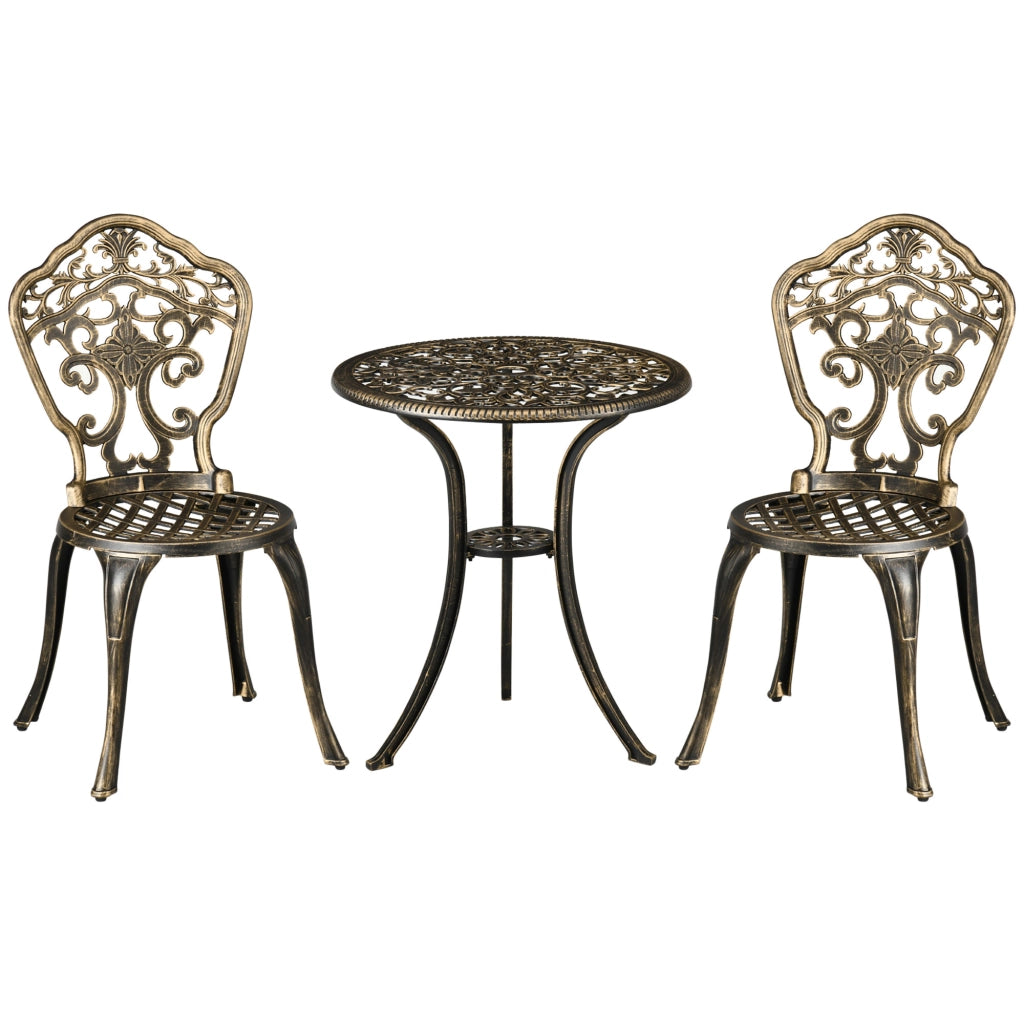 Set da Esterno 3pz in Alluminio con 2 Sedie da Giardino e Tavolino Rotondo con Foro per Ombrellone, Bronzo