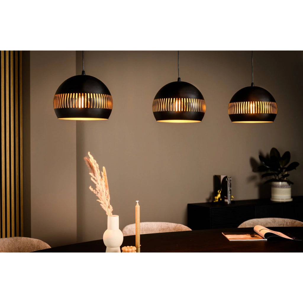 Sospensione lineare H340 nera a 3 luci con cupole in metallo, versione compatta