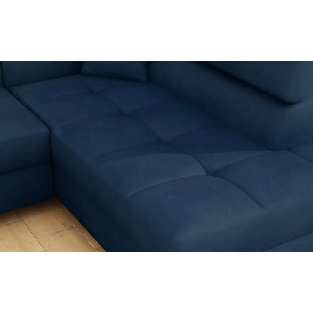 Divano angolare trasformabile MENTON blu scuro bouclé – Angolo destro con baule