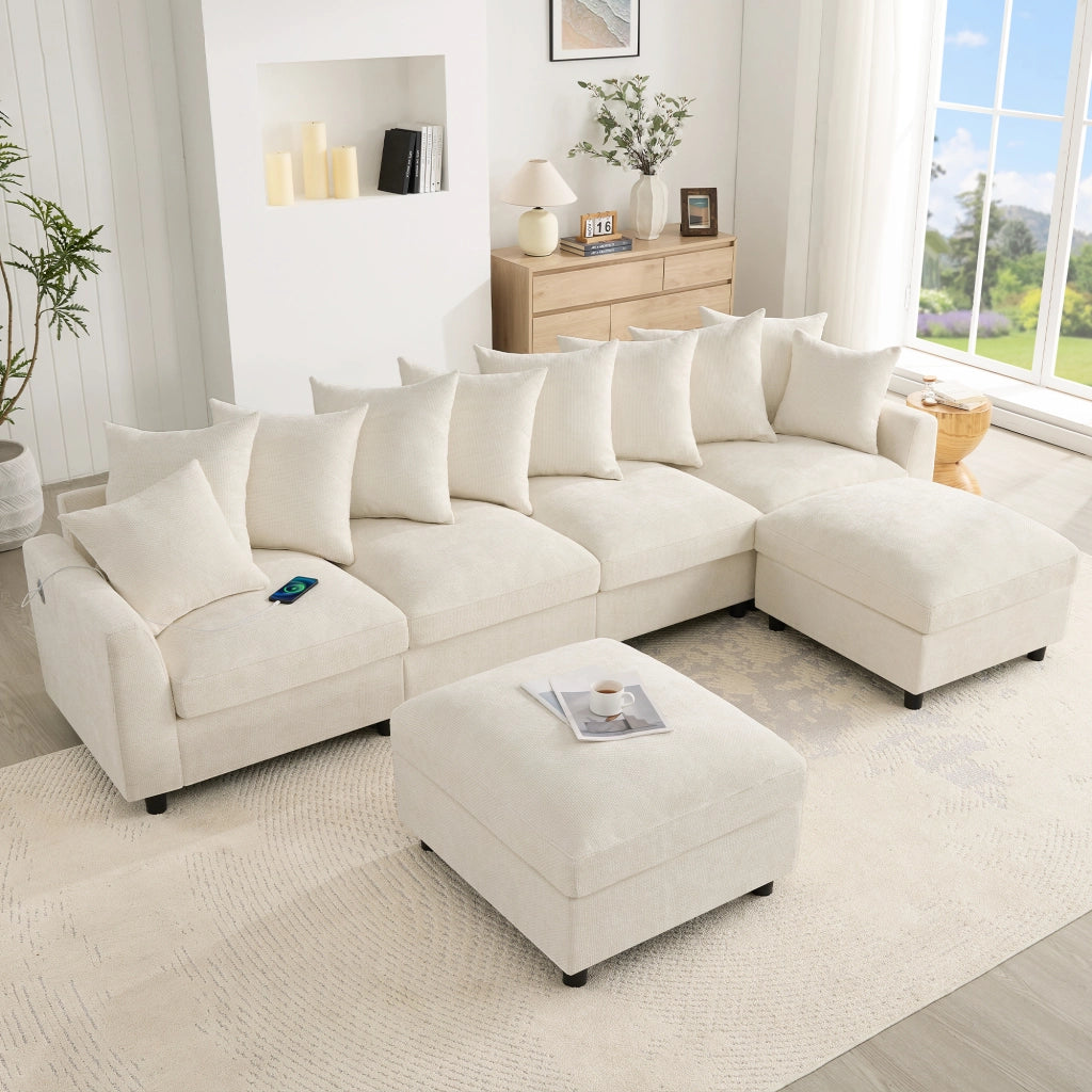Divano angolare modulare a U o L 6 posti con porte USB e Type-C 8 cuscini e 2 pouf in chenille beige