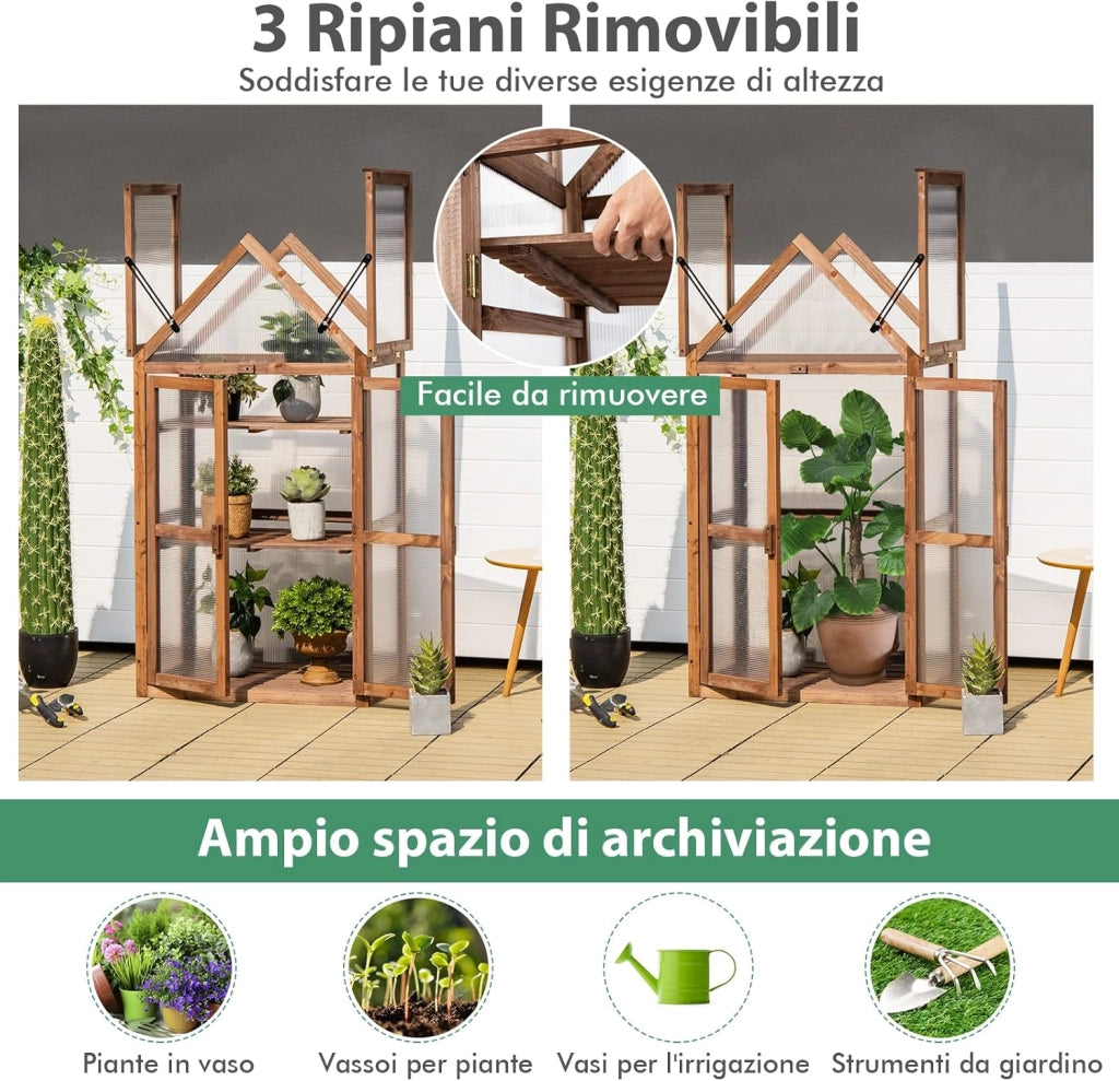 Mini Serra da Giardino in Legno a 3 Livelli, Serra da Giardino con Coperchio Apribile, Ripiani Rimovibili, Serra a Forma di Casetta da Interno ed Esterno, 71 x 41 x 133 cm