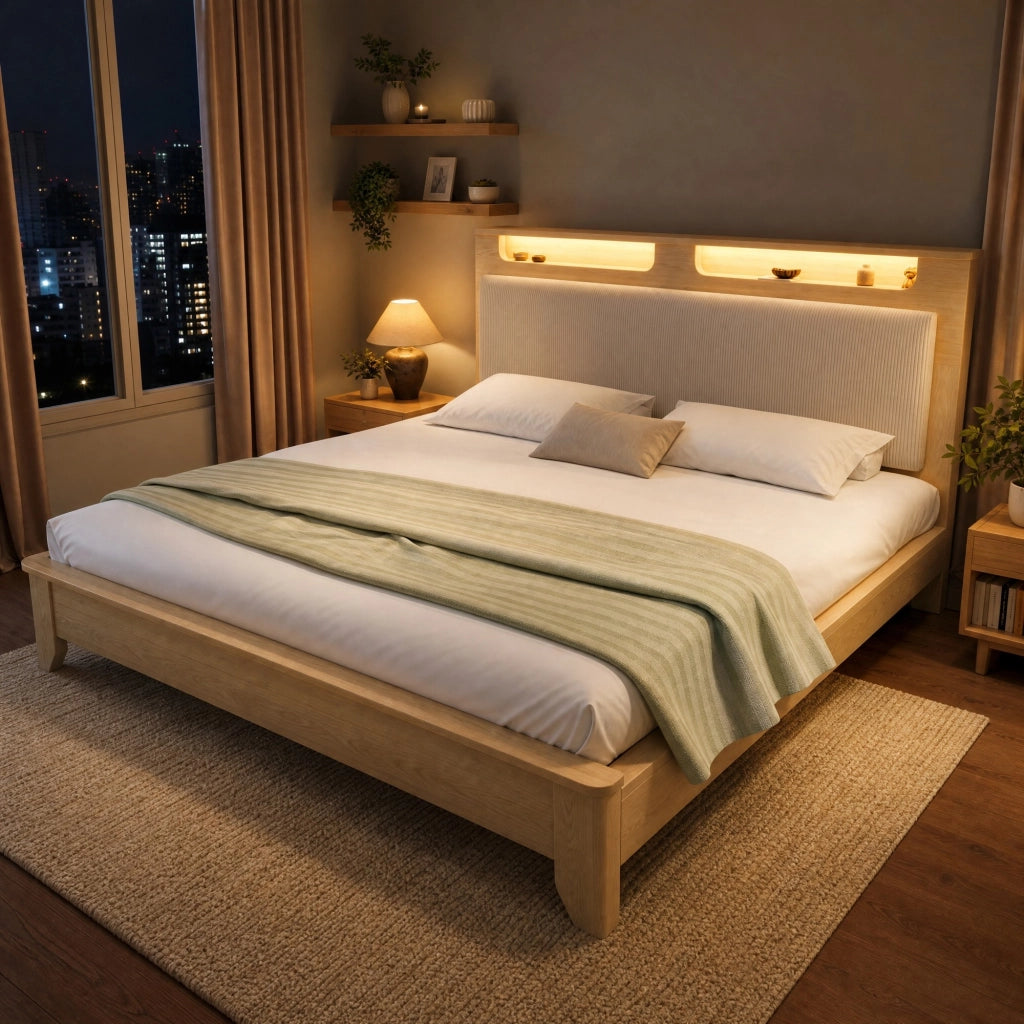 Letto matrimoniale 180x200 cm in legno effetto rovere con testiera in corduroy beige; LED e vano contenitore