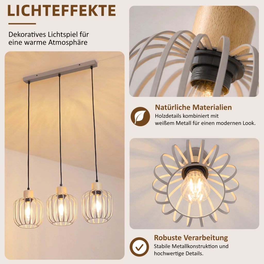 ZMH Lampada a Sospensione 3 Luci Grigio Legno E27 Moderna per Cucina Isola Soggiorno Camera Senza Lampadina
