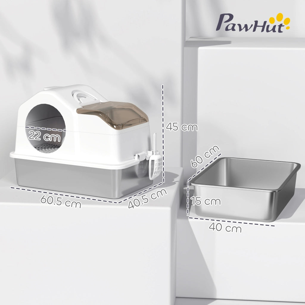 Lettiera per Gatti Chiusa ¨C zephmum ¨C Bianca e Argento, Acciaio Inox ABS PP, 60.5x40.5x45 cm