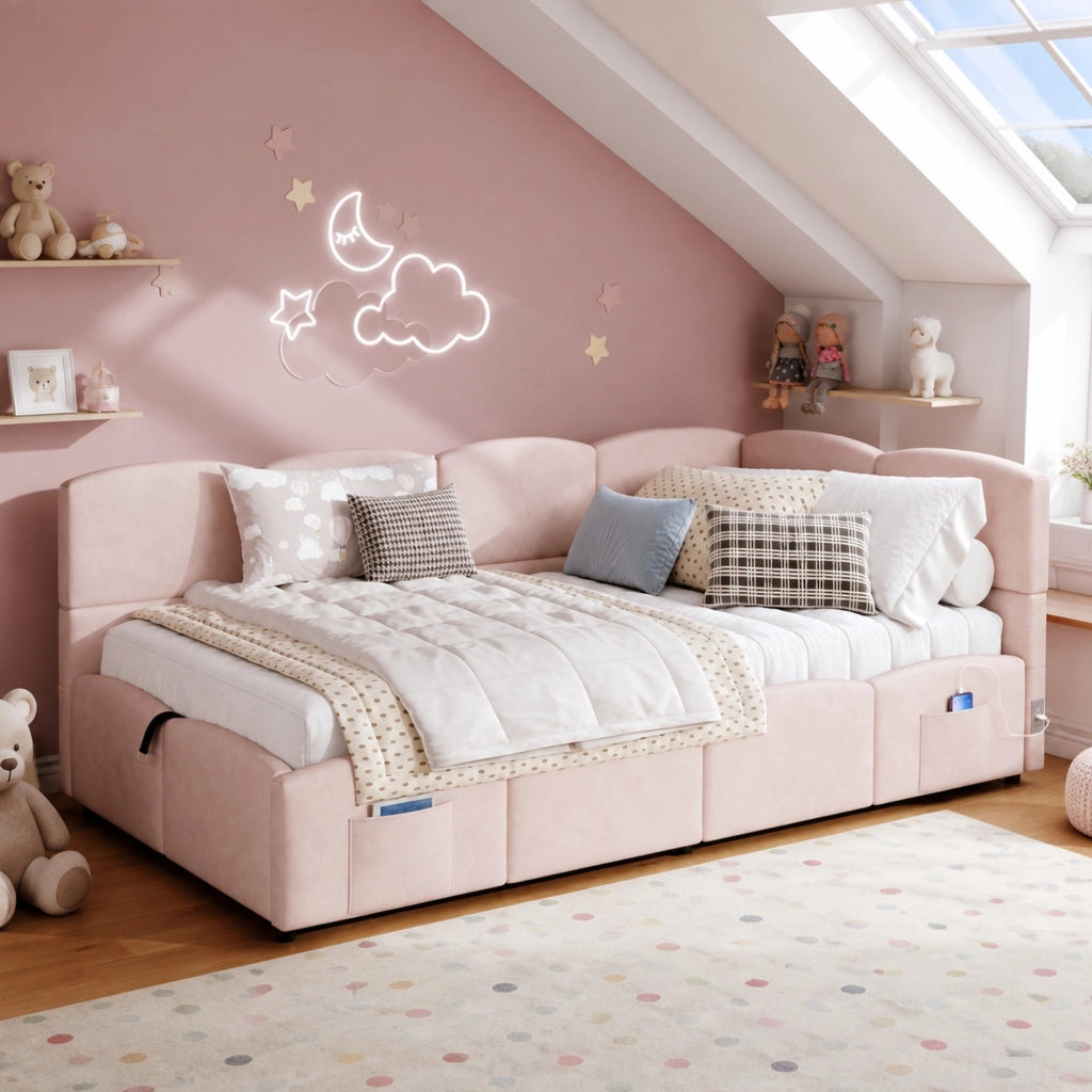Divano letto contenitore 90x200 cm in velluto rosa con USB-A/USB-C, vano idraulico e tasche laterali