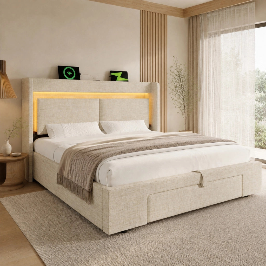 LETTO Contenitore idraulico 140x200 cm Beige in lino con LED e USB-C