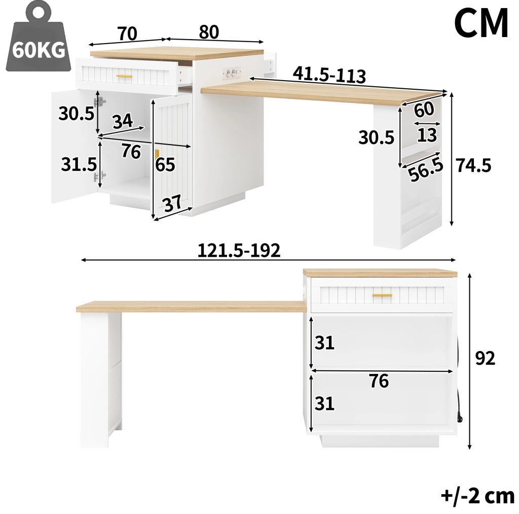 Isola cucina allungabile con presa integrata, 121,5-192 cm, bianca