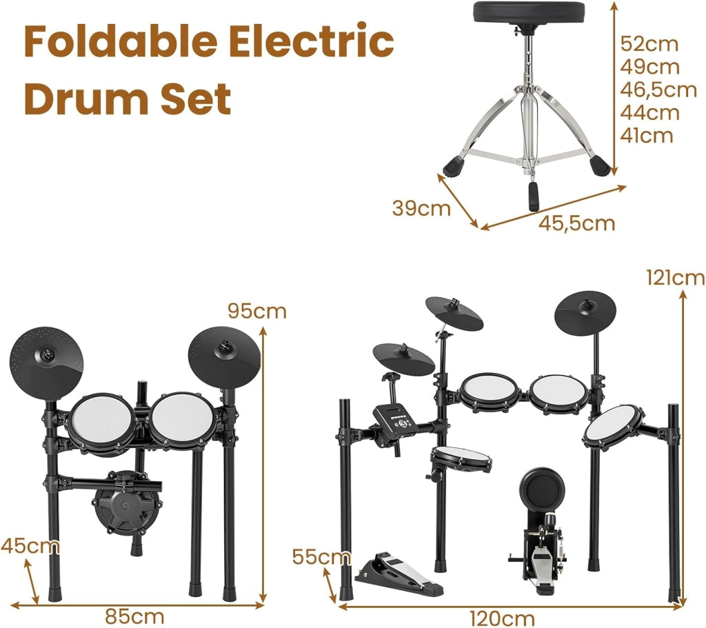 Batteria Elettronica Pieghevole, Batteria Elettrica con 225 Suoni, 15 Combinazioni di Batteria, 30 Canzoni, 9 Metronomi e Midi, Strumento Musicale con Sgabello Regolabile e Cuffie