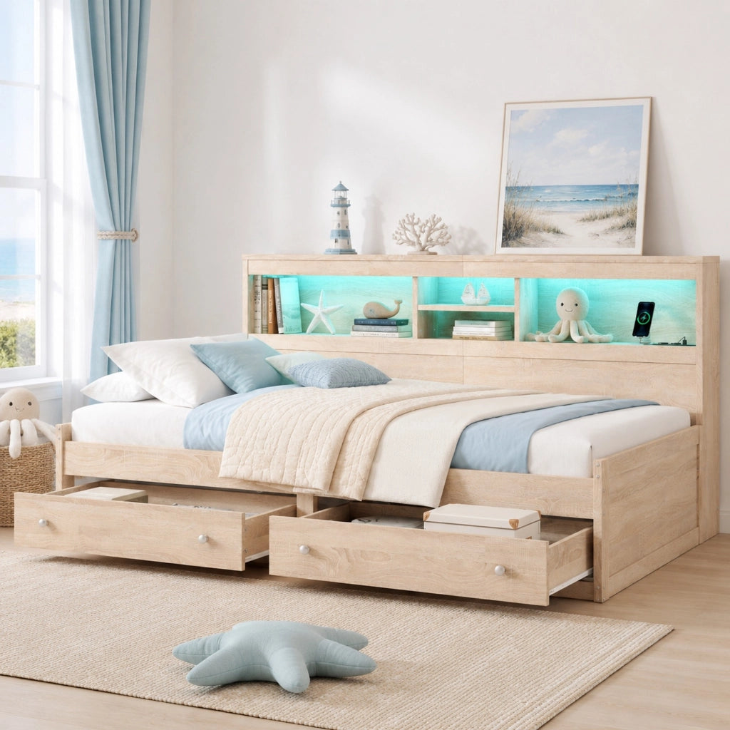 Letto daybed 90x200 cm con LED; 2 USB; 2 prese e 2 cassetti; naturale