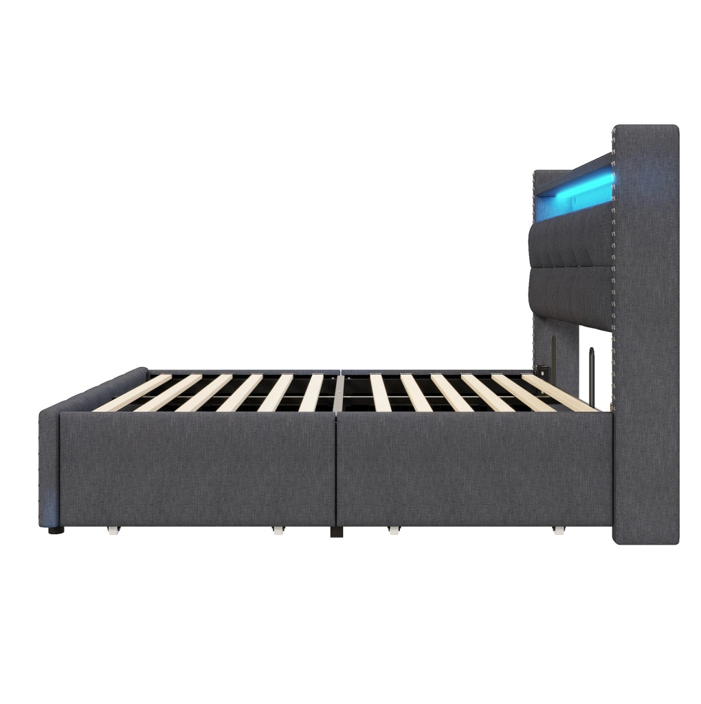 Letto matrimoniale imbottito 160x200 cm grigio con LED; USB; ripiani e 4 cassetti