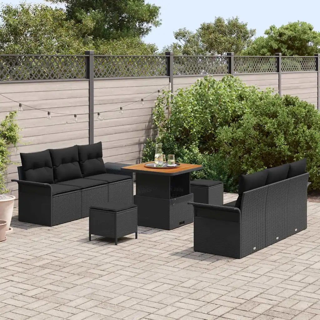 Set Divano da Giardino con cuscino 9 pcs Nero polyrattan