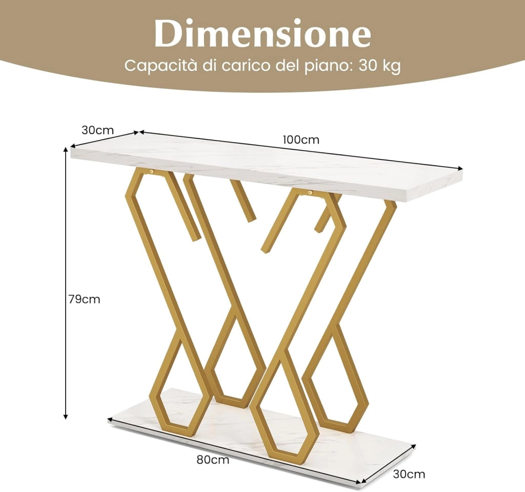 Tavolo Consolle 100cm, Tavolo d'Ingresso con Piedini Regolabili, Kit Antiribaltamento e Struttura in Metallo, Tavolino da Divano per Soggiorno, Ingresso e Corridoio (Bianco e Oro)
