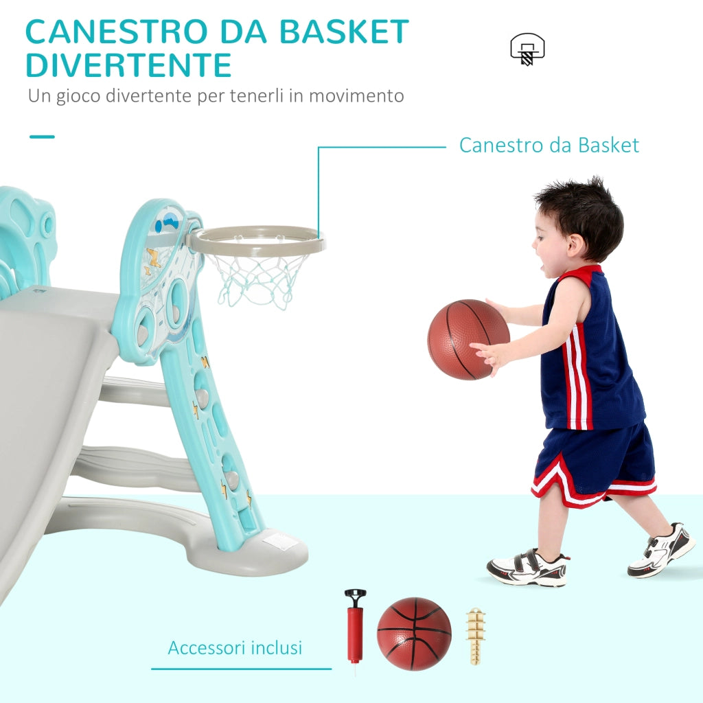 Scivolo per Bambini da 18 Mesi Pieghevole con 3 Scalini e Canestro Basket, Scivolo da Interno ed Esterno, 140x87x75cm, Blu e Grigio