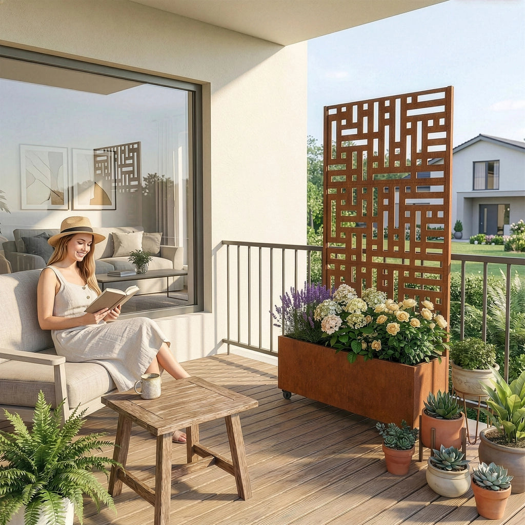 Fioriera con Spalliera Bernalda a 4 Rotelle 190 x 82 x 38 cm Acciaio Corten - Marrone Ossidato casa.pro