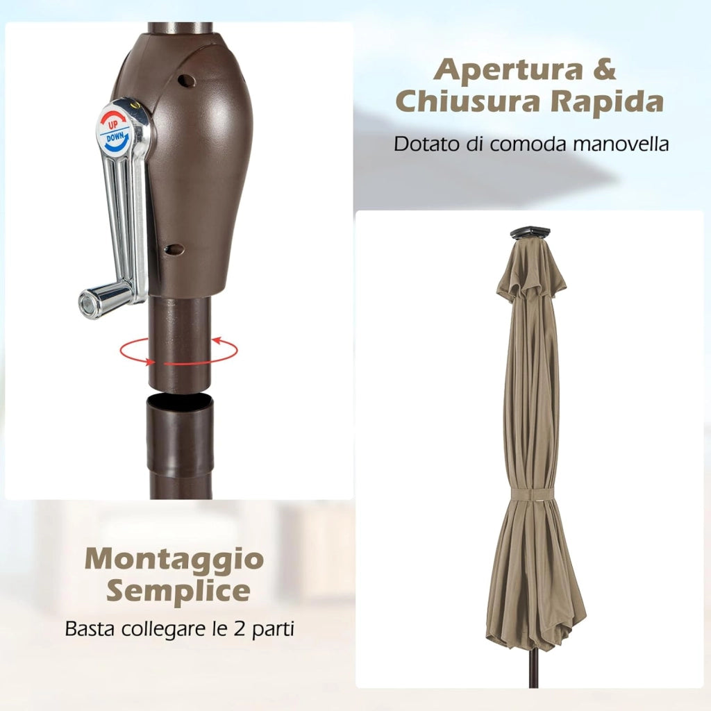 Ombrellone da Giardino con LED Luci Ø300 cm, Parasole da Esterno Ombrello da Spiaggia (Marrone)